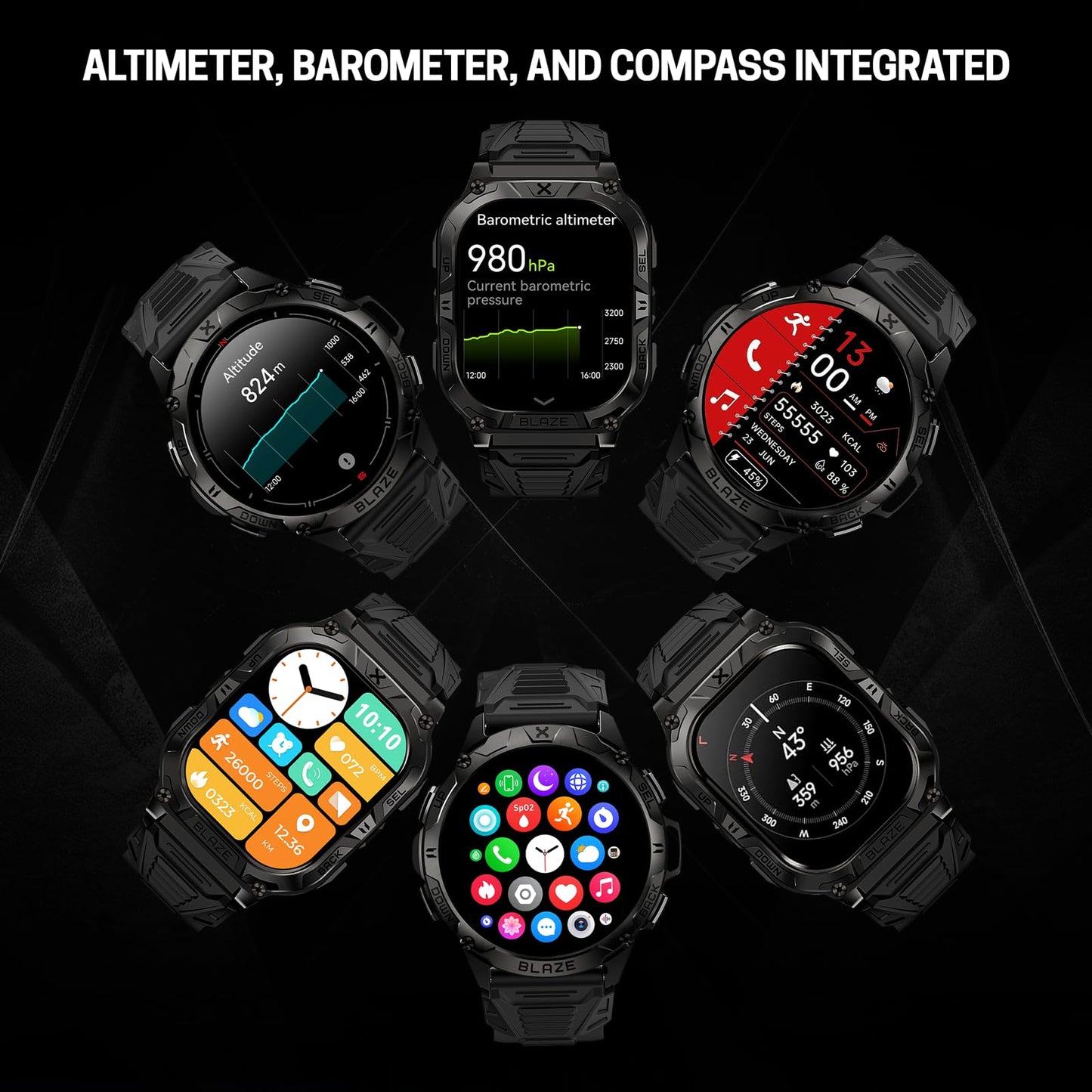 CARBINOX Blaze Smart Watch with 6 Pack Bands 22 mm GPS, Rugged Fitness Tracker Waterproof IP69K, Compatible with Android and iOS, 170+ Sports Modes, Make/Receive Calls (Round)