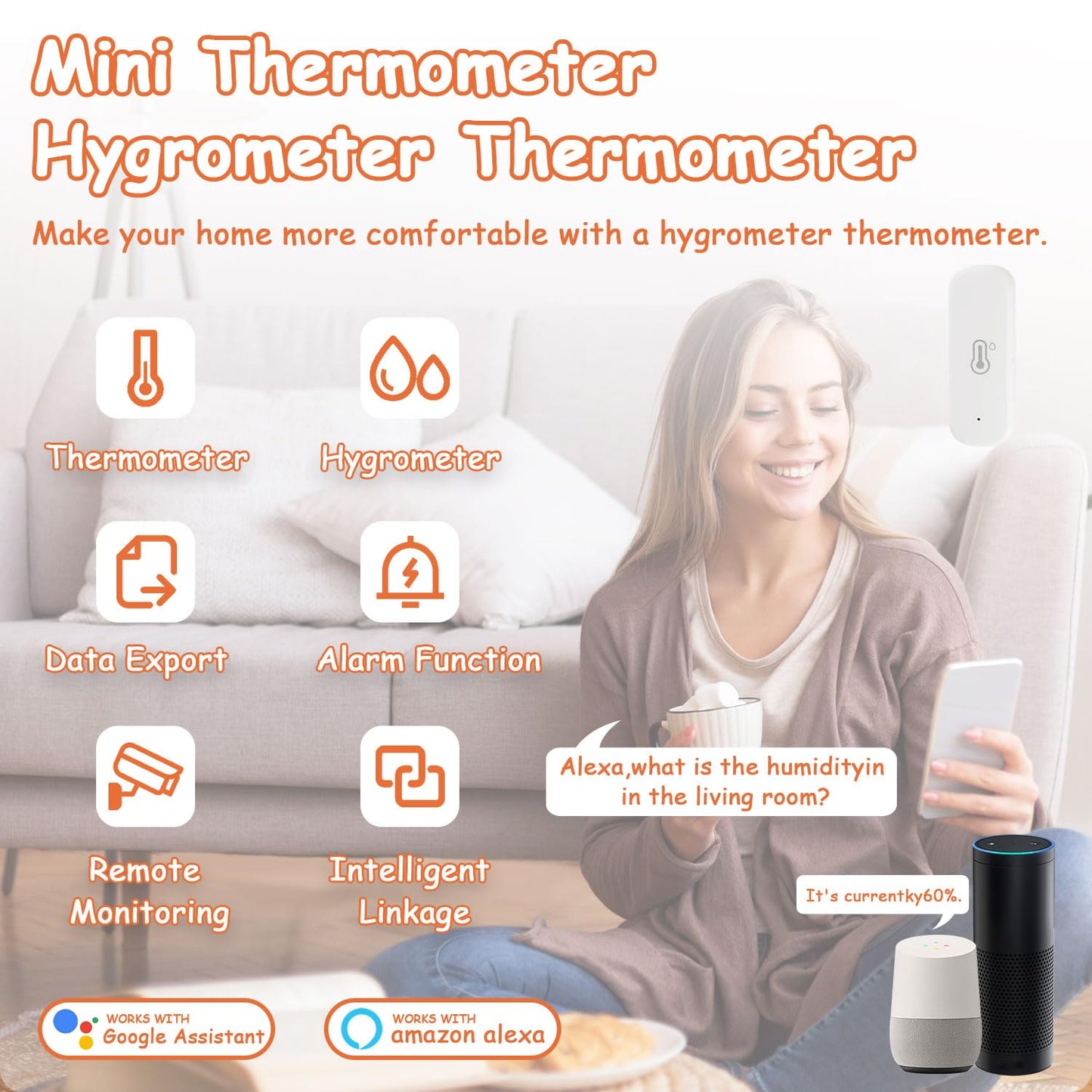 WiFi Hygrometer Thermometer Sensor, Indoor Outdoor Wireless Temperature Humidity Sensor, with Remote Monitor and Alert Compatible with Alexa(2 Pack)