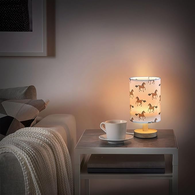 Table Lamp Brown Horse Pattern Nightstand Lamp with Wood Base Fabric Lamp Shade Bedside Desk Lamp for Living Room Bedroom Kids Room Office