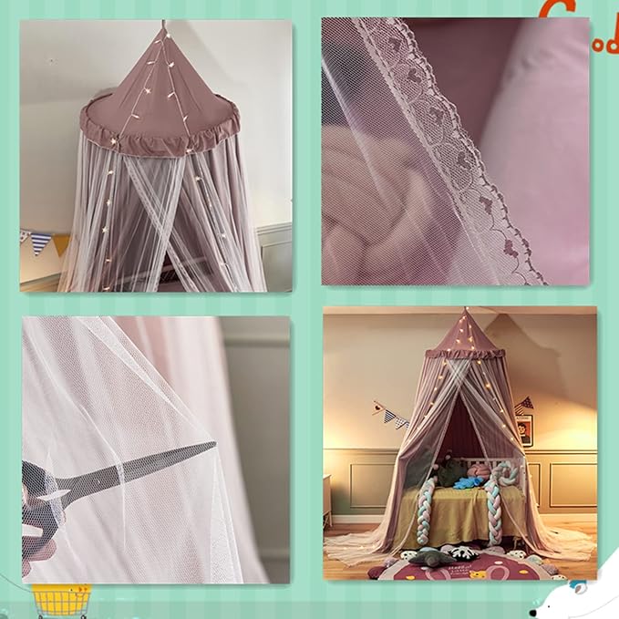 VETHIN Bed Canopy for Kids with Lights,Double Layer Princess Round Dome Children Dreamy Mosquito Net Bedding Girls Room Castle Play Tent Hanging House Decor Reading Nook Canopies(Jujube Red/White)