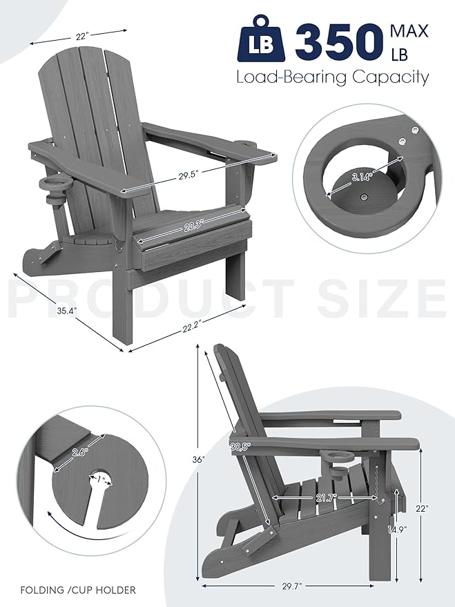 KINGYES Folding Adirondack Chair with Dual Cup Holders - HDPE All-Weather Outdoor Chairs, Wood-Like Patio Chair for Backyard, Camping, Pool & Fire Pit, Grey