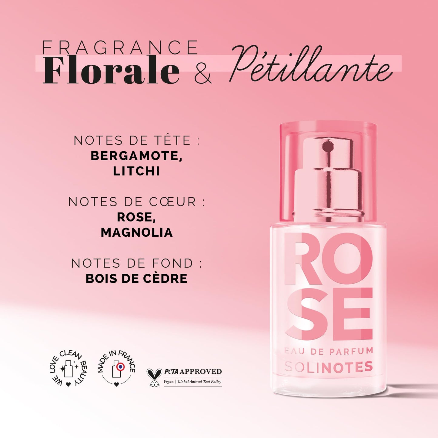 Solinotes Rose Perfume for Women, 0.5 Fl Oz/ 15 ML Eau De Parfum, Delicate Floral and Soothing Scent with Premium Ingredients - Clean Perfume, Cruelty Free, Vegan, Made in France