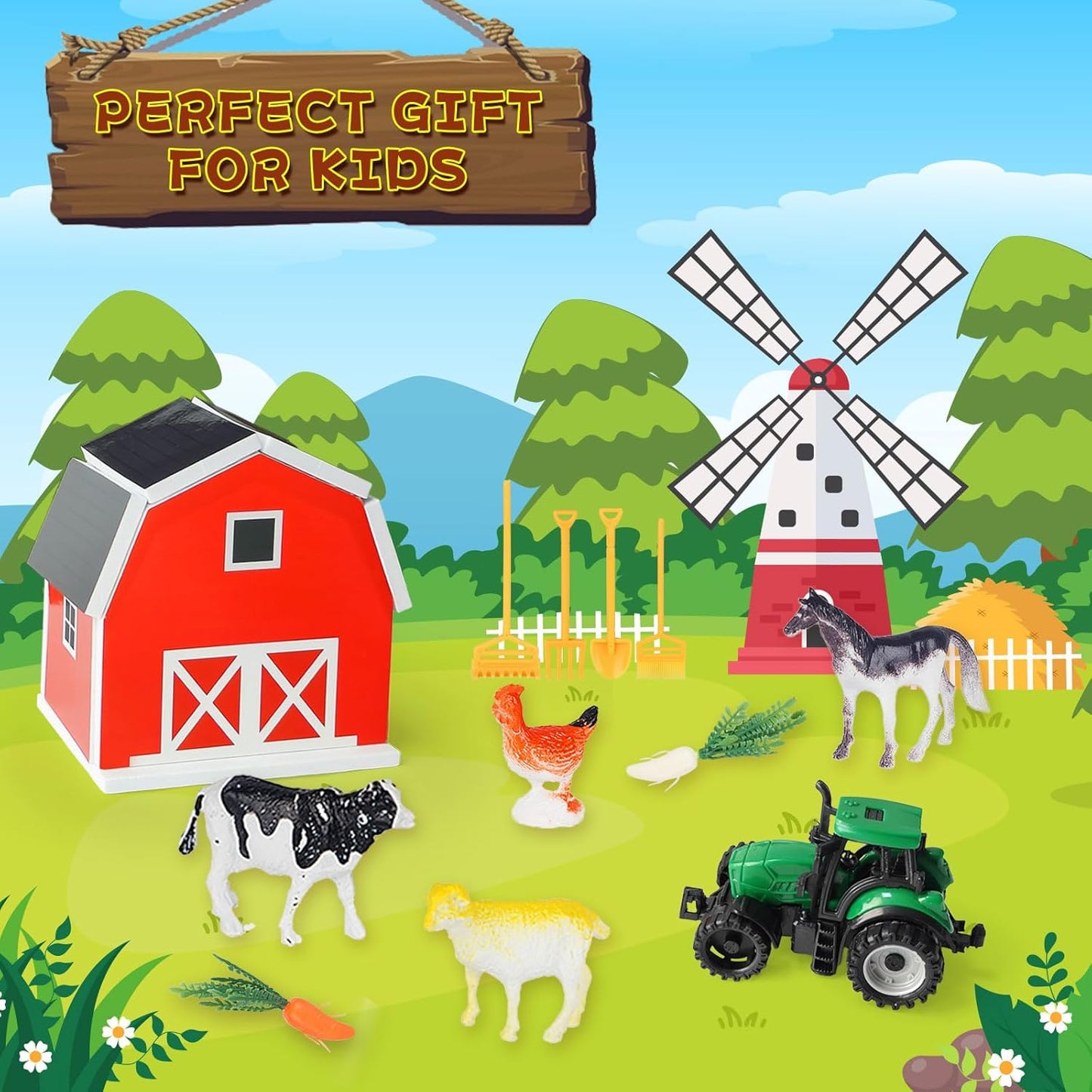 Farm Sensory Bin，Farm Animals Sand Kit with Sensory Sand，Barn Sandbox with Tractor，Sensory Play Sand Set for Kids 3 4 5 6 7