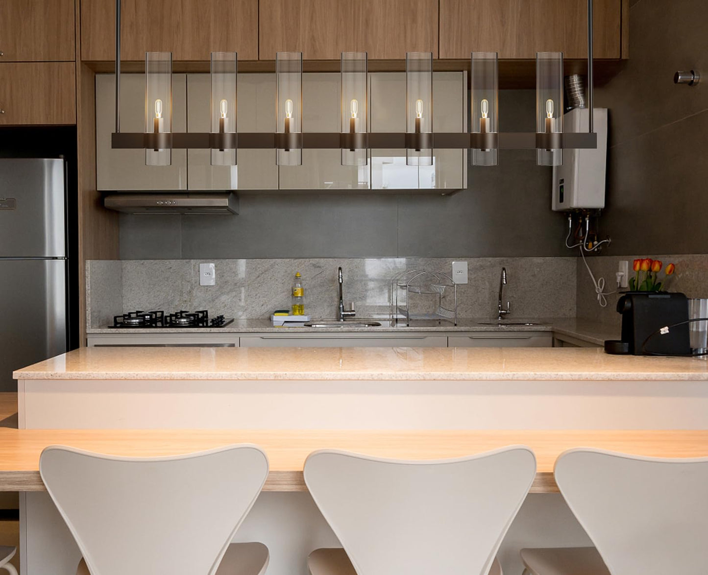 Yiosi Black Kitchen Island Lighting- 7-Light Linear Chandelier  Adjustable 47 Modern Farmhouse Rectangle Pendant Light Fixtures  Dining Room  Bedroom