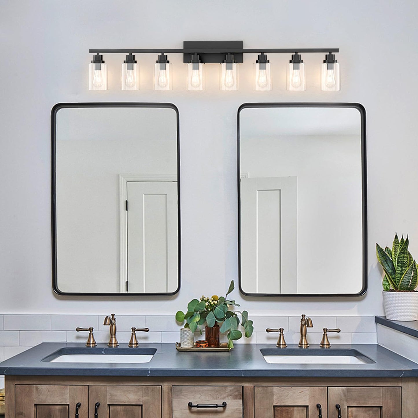 Hccz 8 Light Black Bathroom Vanity Light Fixture  Long Farmhouse Vanity Lights Over Mirror Modern Large Bathroom Lighting Wall Light With Clear Glass Globe For Mirror Living Room Bedroom