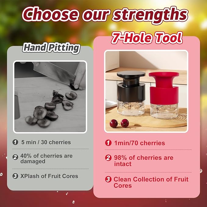 Cherry Pitter - Quick Release Multi Cherries Stoner Pitter 7-in-1, Push Button Cherr'y Core Pit'ter Tool Multiple with Splatter Protector, Pit Seed Remover for Making Jam Cherry Dishes (Red-7 Holes)