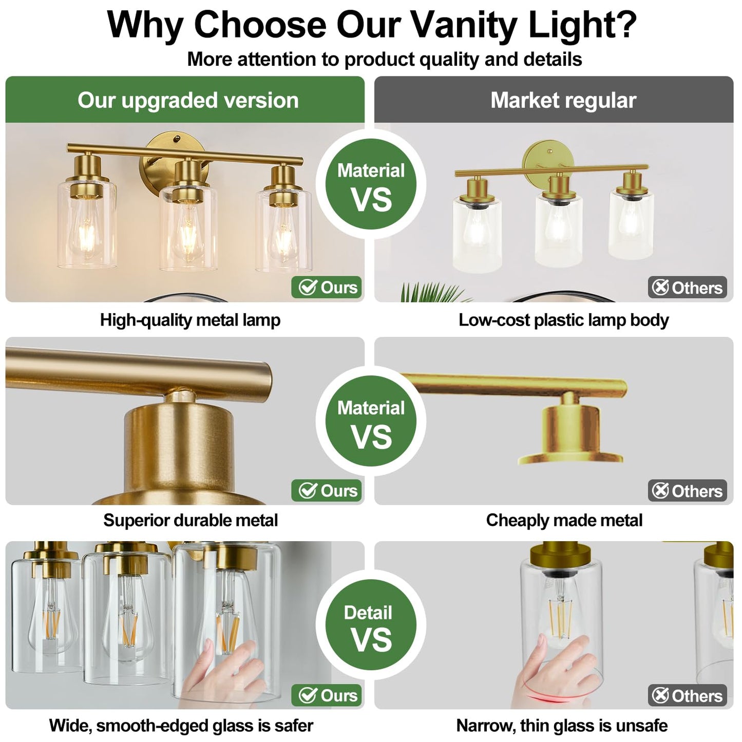 Zarbitta 3-Light Bathroom Vanity Light Fixtures, Brushed Gold Metal with Clear Glass Shade