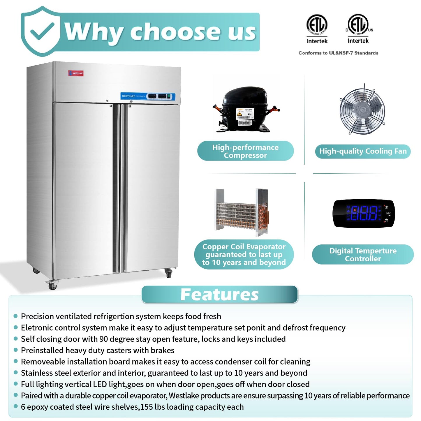 WESTLAKE Commercial Refrigerator and Freezer Combo 48"W 2 door 2 Section Stainless Steel Reach in Solid door Fan Cooling 36 Cu.ft Refrigerator and Freezer Combo for Restuarant, Bar, Shop, etc