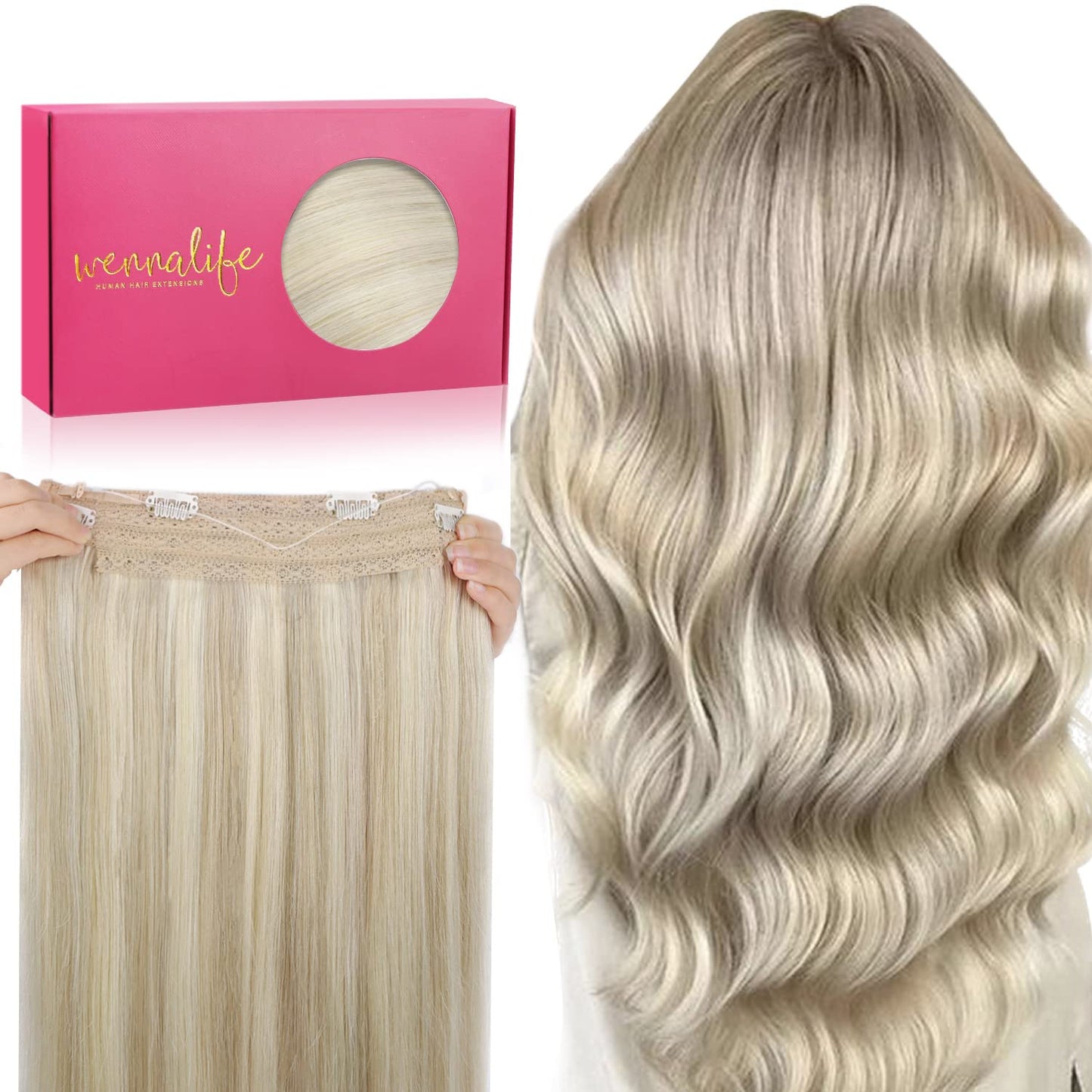 WENNALIFE Wire Hair Extensions (Increase 50% Lifespan) Real Human Hair 22 inch 120g Ash Blonde Highlighted Platinum Blonde Remy