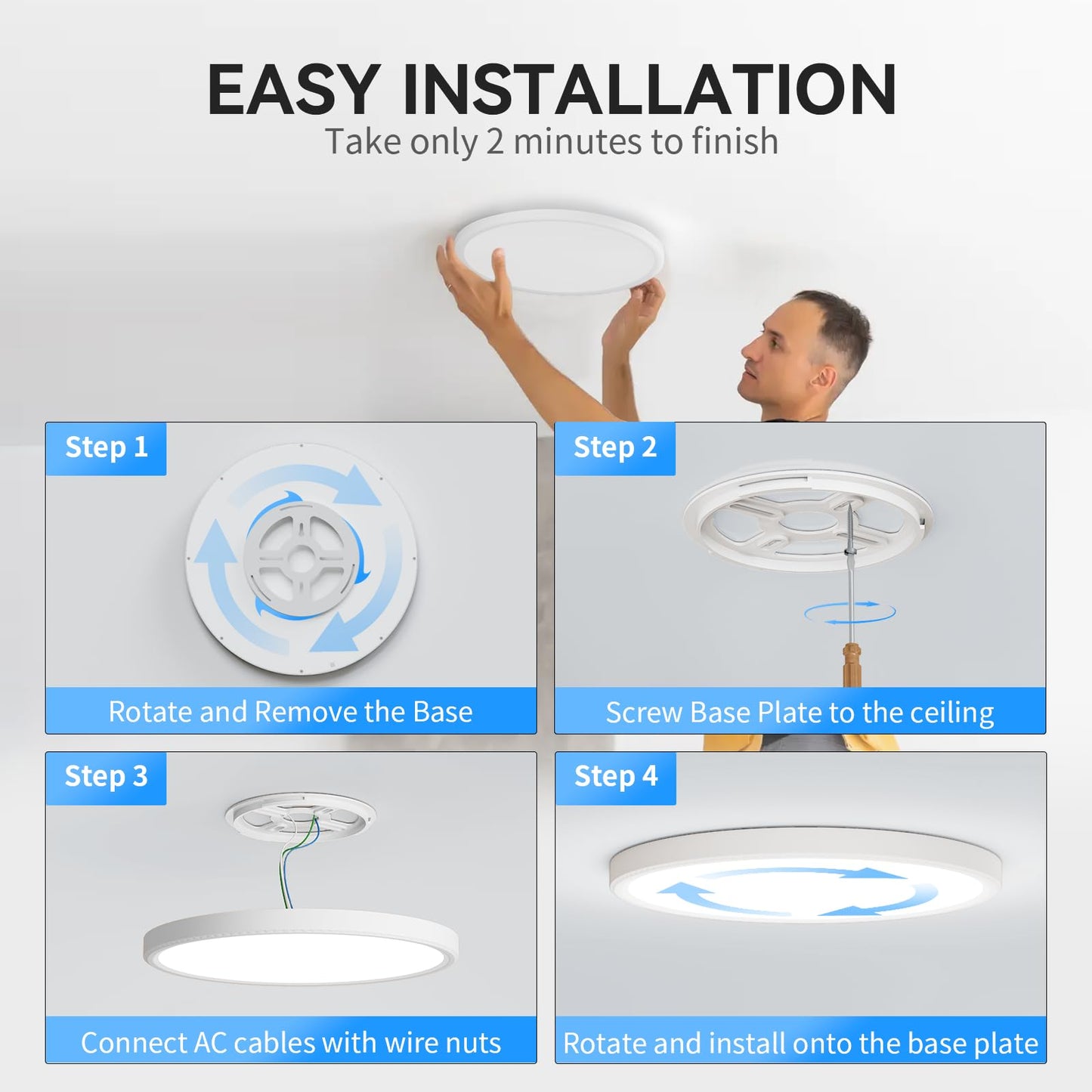 Wkoncldy Led Flush Mount Ceiling Light, 3200Lm, 12In, 5000K, White, 8 Pack