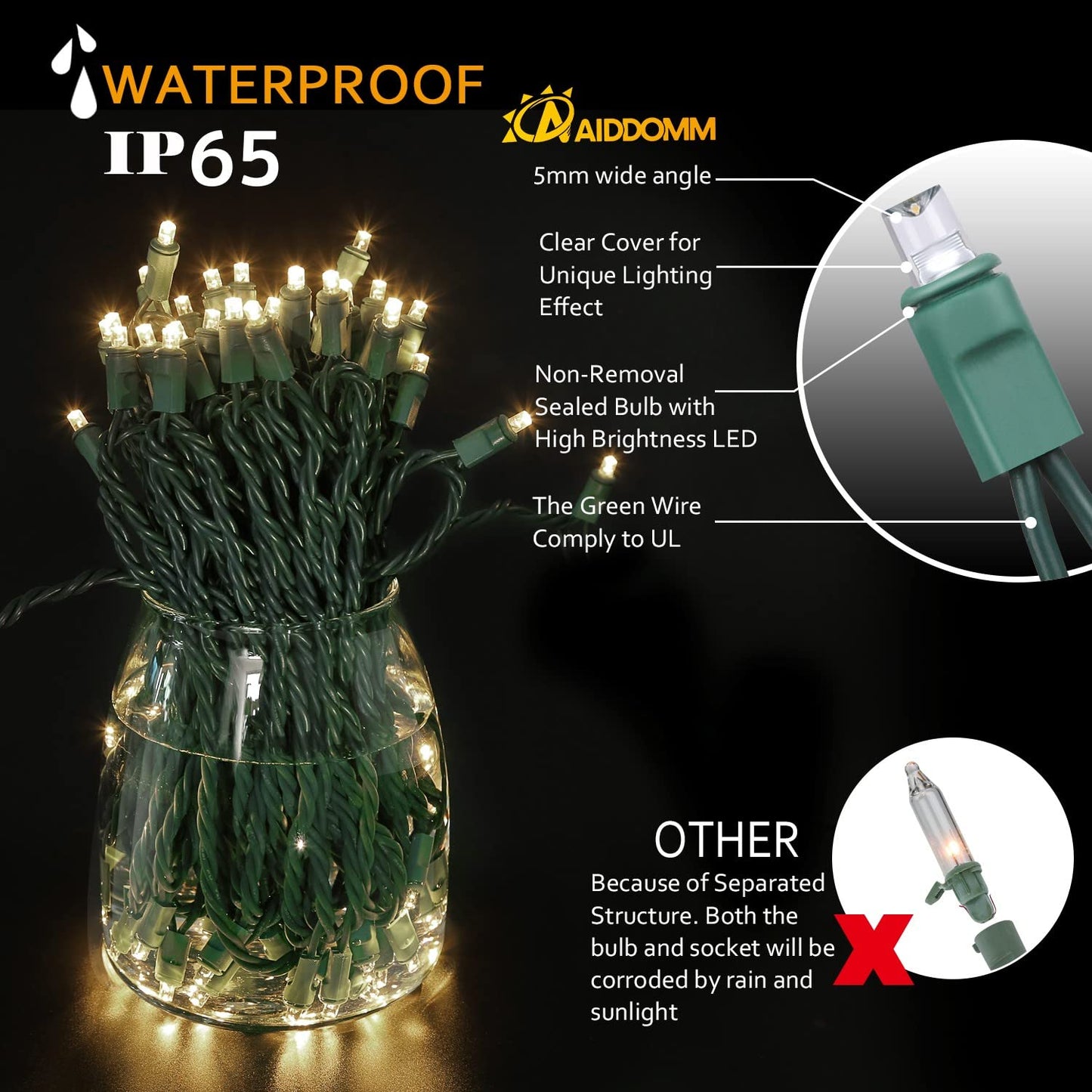Aiddomm Christmas Lights Warm White 50 Counts  Christmas Lights Outdoor Warm White Commercial Grade Waterproof Ip65  25Ft 5Mm Outdoor Mini Led  Xmas For Tree