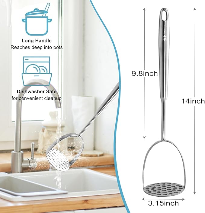 Potato Masher Stainless Steel - Mashed Potato Masher Kitchen Utensil，14" Potato Smasher For Potatoes, Bean, Vegetable & Fruits，Pet Food, Metal Avocados Smasher Tool, Dishwasher Safe, Christmas gifts