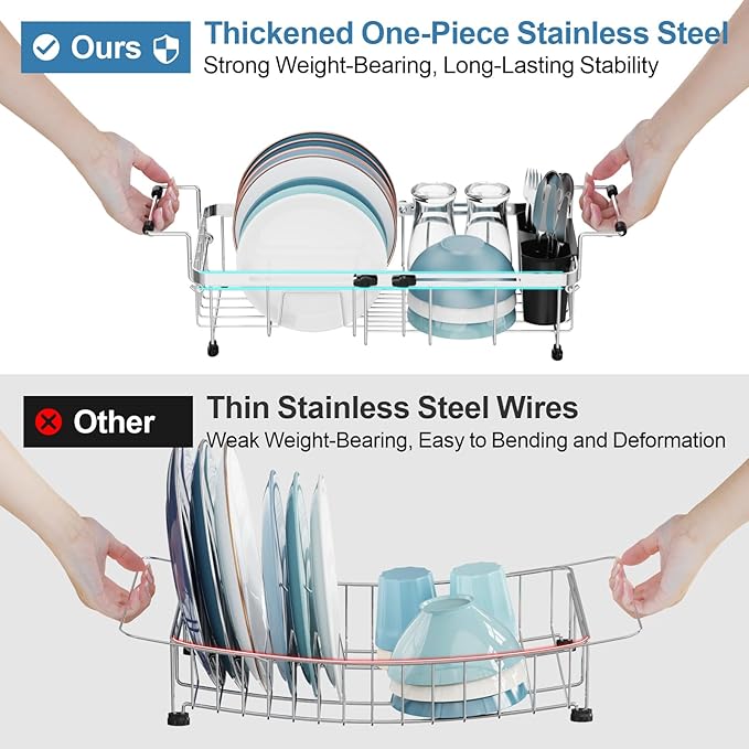 GSlife Small Sink Dish Drying Rack - Stainless Steel Capacity Extendable Narrow Dish Drainer for RV Sink Apartment Kitchen, 11.9"-16.7" L x 9" W x 5.7" H, Silver