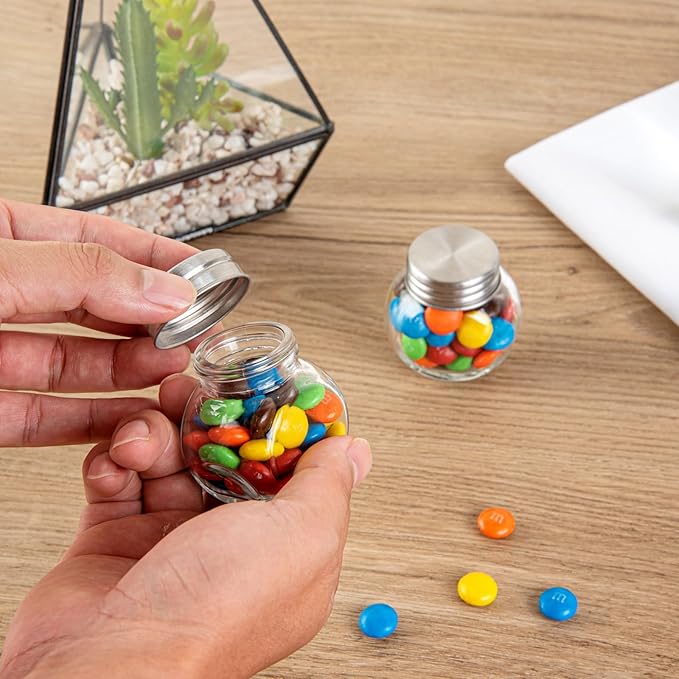 Restaurantware Vetri 2 Ounce Mini Favor Jars 100 Durable Candy Jars - With Wide Spout Chrome Lid Clear Glass Candy Jars Dishwashable