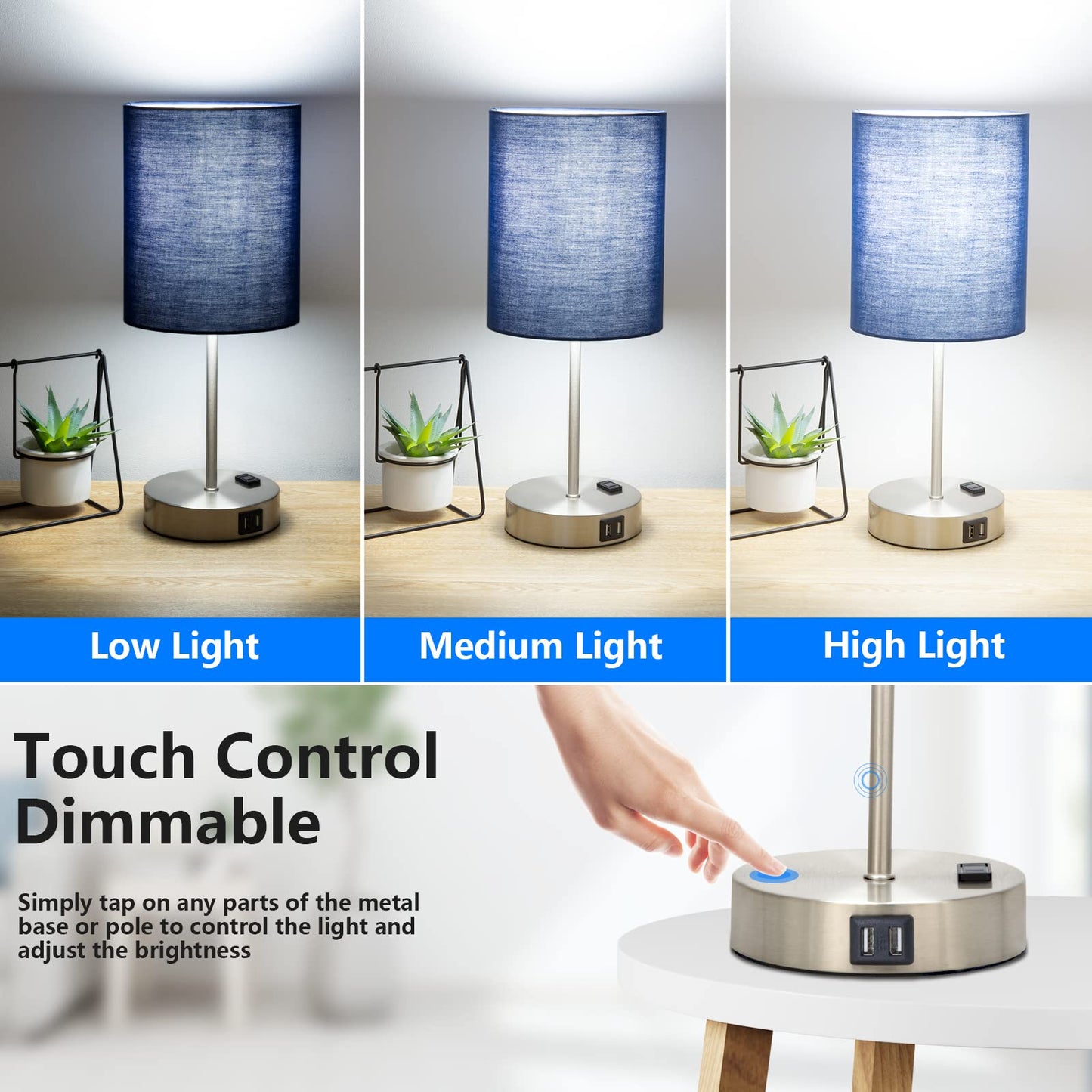 ShineTech Touch Control Bedside Table Lamp Set of 2, 3-Way Dimmable, 2 USB Ports, AC Outlets, Blue, Model JYT-01471-TL
