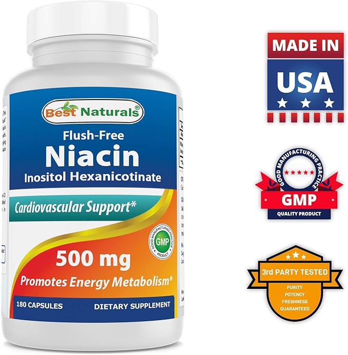 Best Naturals Flush-Free Niacin Inositol Hexanicotinate 500 mg 180 Capsules
