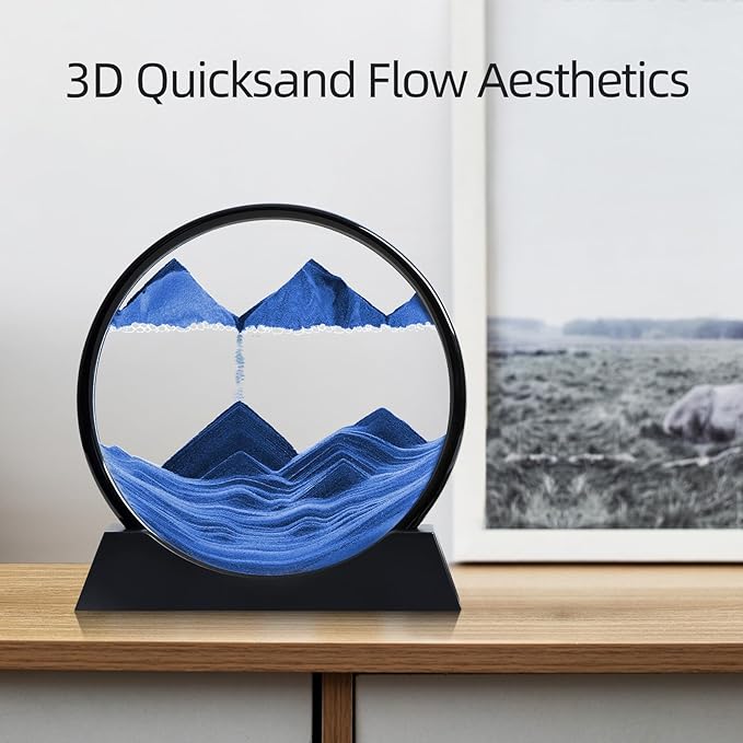 Moving Sand Art Liquid Motion, 3D Deep Sea Sandscape Color Quicksand Decor, Round Glass Moving Sand Art Picture Relaxing Desktop Home Office Work Decor (Blue, 12 inch)