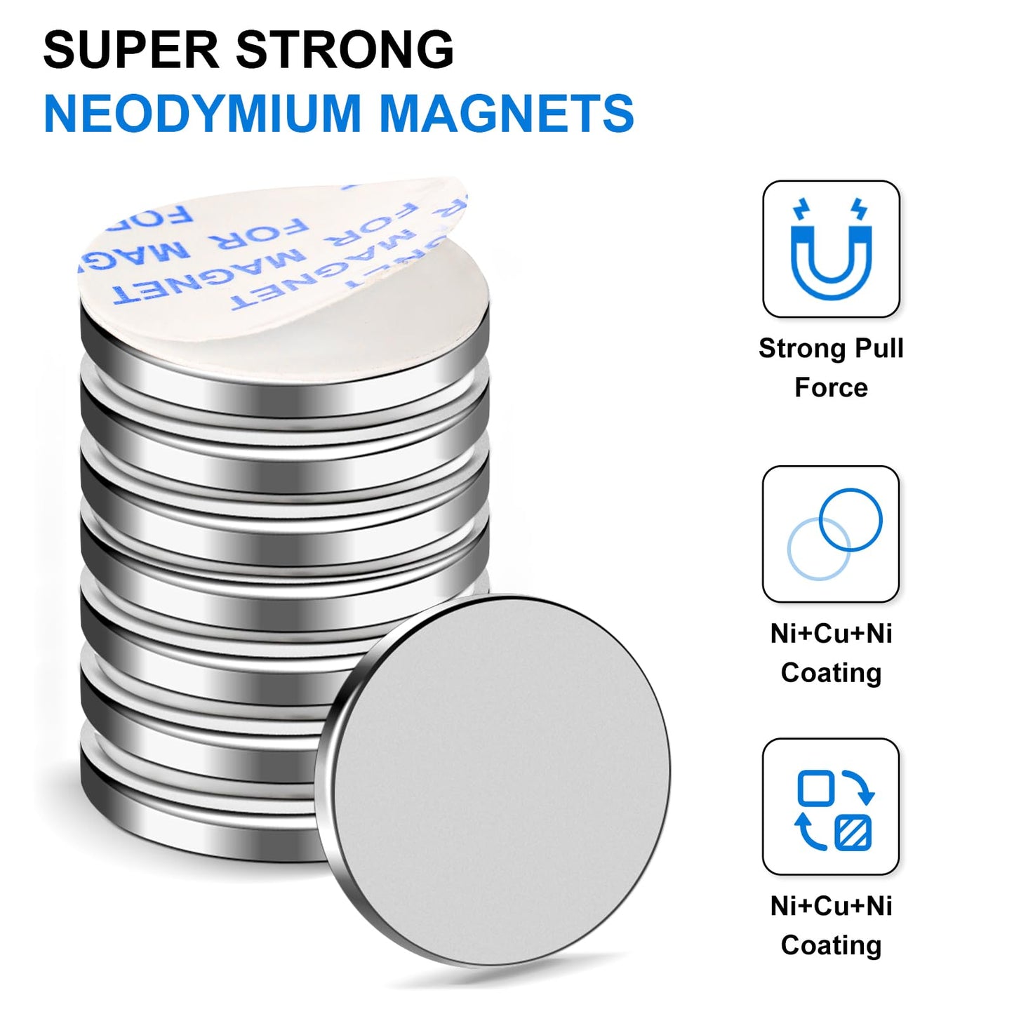 TRYMAG 20 Pieces 30x3mm Neodymium Magnets Heavy Duty, Super Strong Rare Earth with Adhesive Backing, Powerful Permanent Neodymium Disc Magnets for Fridge, DIY, Crafts, Scientific