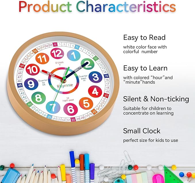 Wall Clock for Kids Learning - Teaching Time Wall Clocks Battery Operated Silent Non Ticking - Analog Colorful Clock Decorative for Kids Room Classroom School(12 Inch)