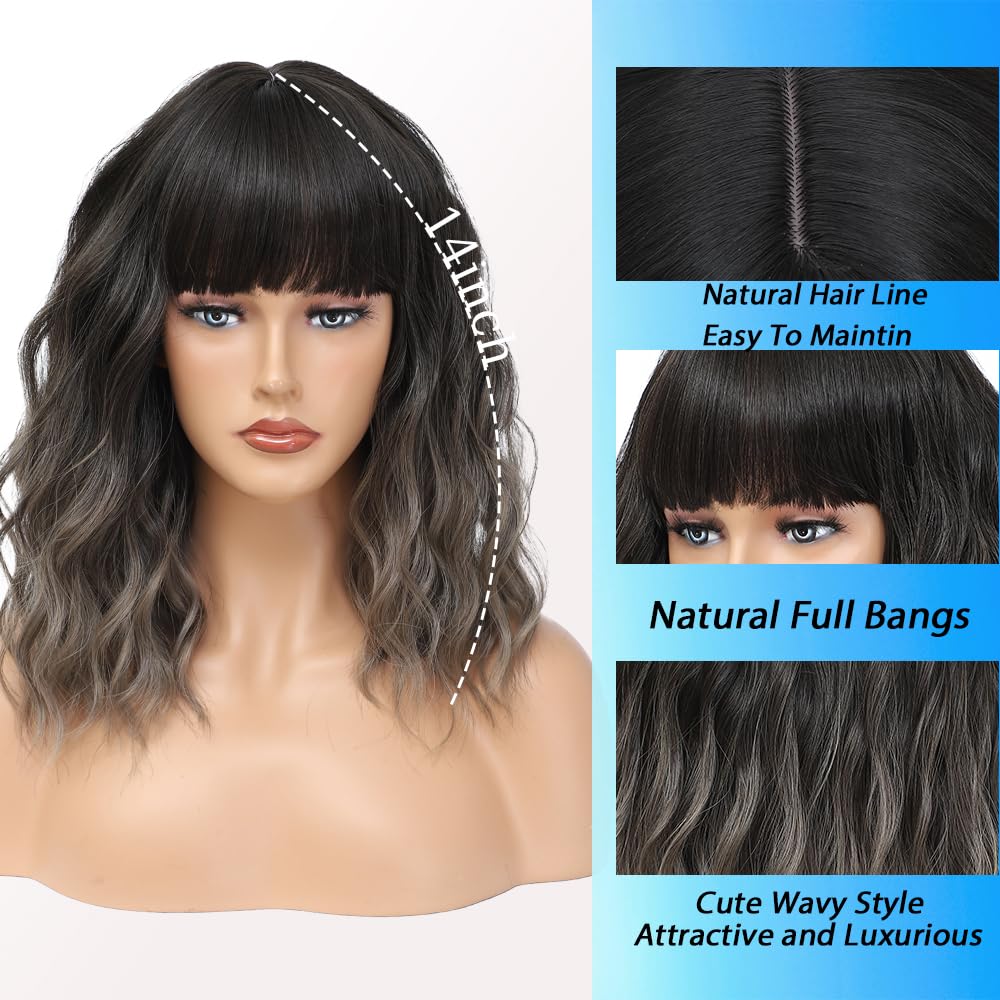 Short Wavy Gray Wig with Bangs 14inch Ombre Grey Highlight Brown Wigs for Women Short Curly Bob Wigs Synthetic Natural Looking H