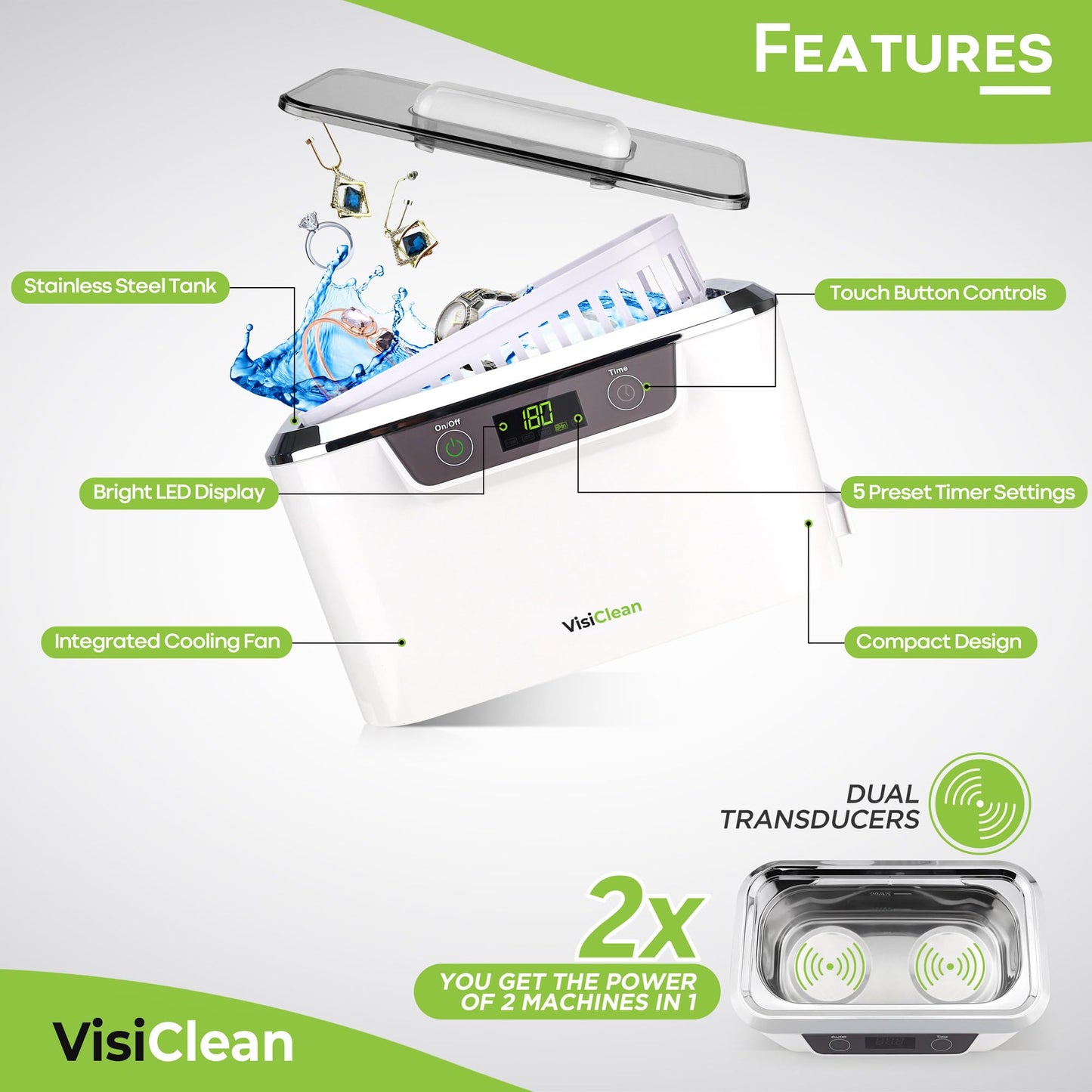 Ultrasonic Cleaner, Professional Ultrasonic Jewelry Cleaner for Diamond Ring, Silver, Gold, Earrings, Necklaces, Glasses, Denture, Retainer, Cpap, Coins, Mouthguard, Razors - VisiClean