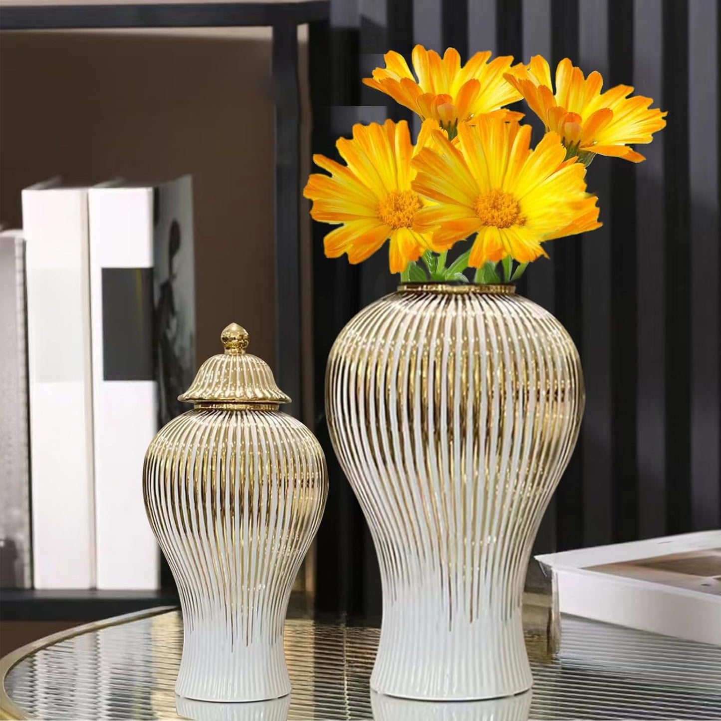 Ginger Jar, White Gold Ceramic Vase Large Handmade Porcelain Vases with Lid, White Gold Decorative Flower Vase for Home, Living Room, Weddings, Centerpieces (B-Medium)