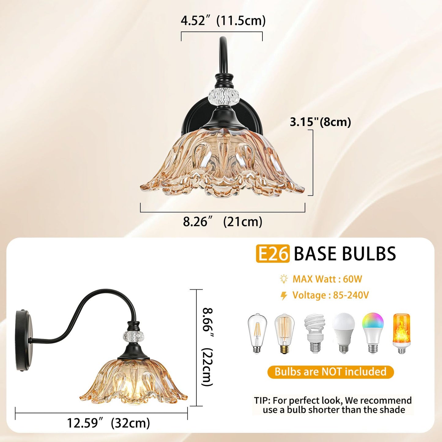Sunkryster Black Wall Sconces With Floral Amber Glass Shades  Black Farmhouse Wall Mount Lighting For Bathroom Vintage Bathroom Vanity Light Fixtures