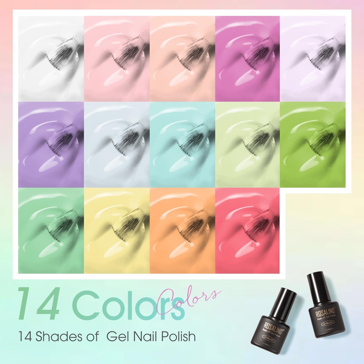 ROSALIND 18PCS Gel Nail Polish Set with Base Top Coat (Glossy Matte and Glitter),14 Pcs Pastel Bright Colors Gel Polish Set Maca