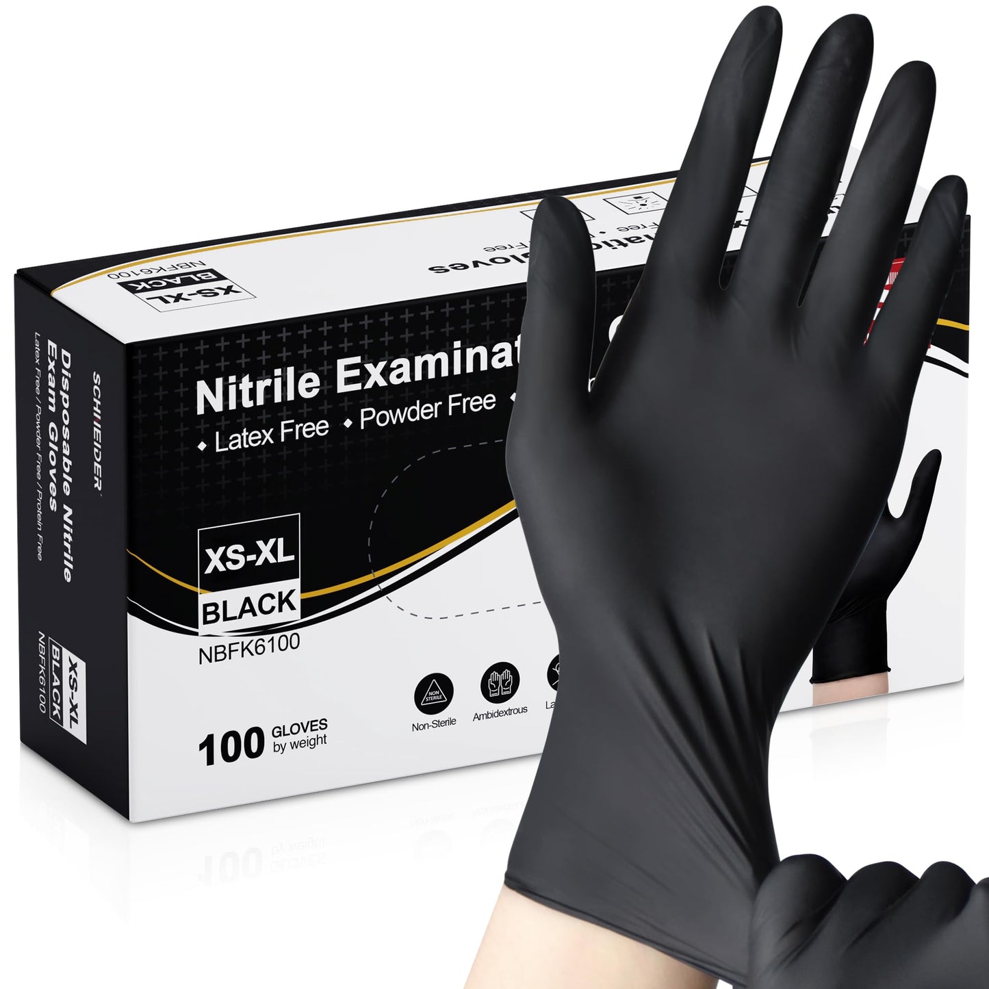 Schneider Nitrile Exam Gloves, Black Latex Free Powder Free Disposable Gloves for Medical, Cooking, Cleaning, and Food Prep (Large, 100)