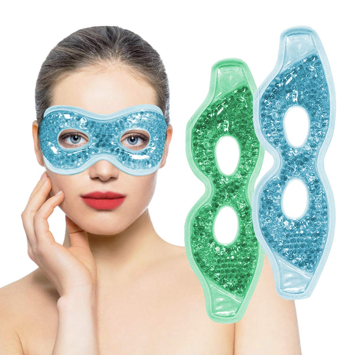 Ruzzut Cooling Gel Eye Mask with Eye Holes, 2 PCS Cold Eye Packs for Puffiness & Swelling, Reusable Hot Cold Compress Heat Ice Gel Pack, Green and Blue