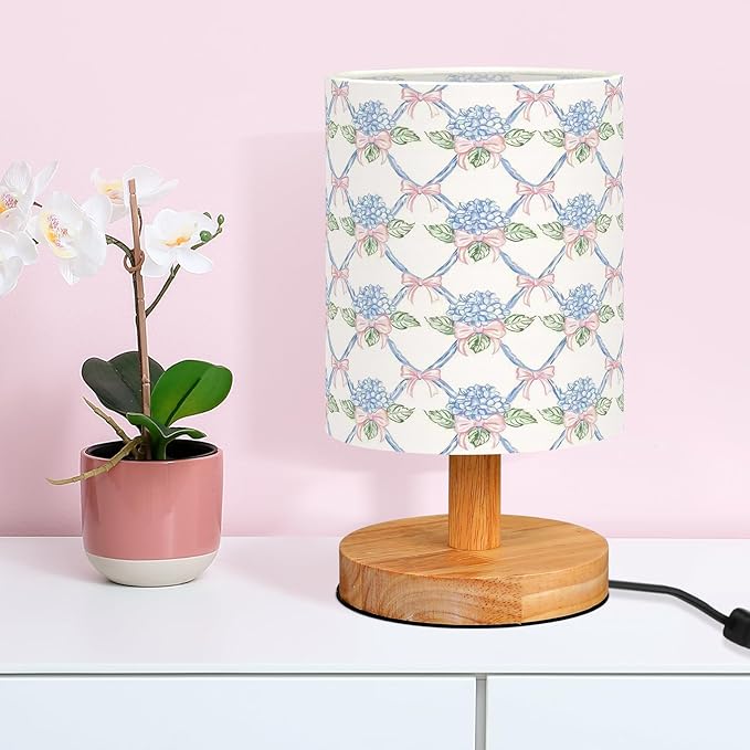 VIHOSE Blue Hydrangea Kids Table Lamp for Bedroom Kids Bedside Lamp with Linen Wooden Nightstand Cartoon Nursery Lampshade for Girls Boys Living Room