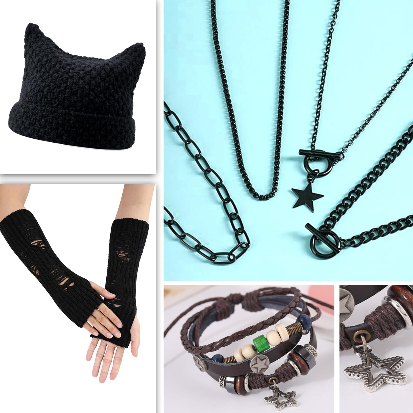 4PCS Therian Stuff Y2K Clothes,Therian Gloves,Knitted Headband Hat,Y2K Fairy Grunge Bracelet,Grunge Necklace,Therian Accessories Christmas Cosplay Party Jewelry Gift for Women