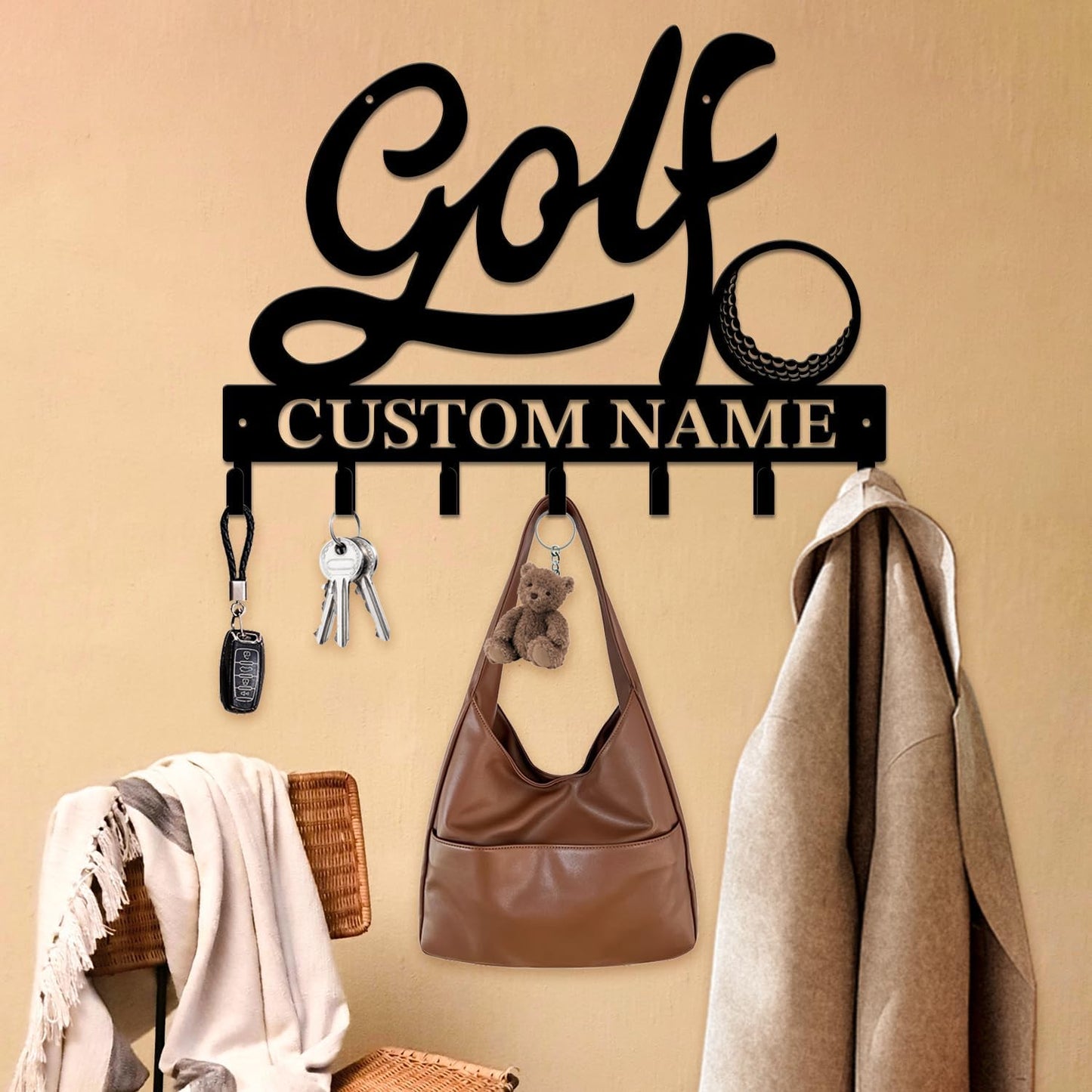 Personalized Custom Name Golf Ball Wall Keys Hooks,Metal Golf Art Clothes Hooks,Metal Golf Lover Wall Home Storage Decorative,For Front Door, Hallway, Kitchen, Bedroom,Keys,Hats (Style H)