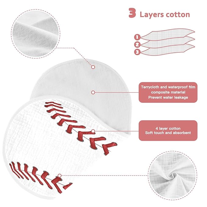 Muslin Baby Burp Cloths Set of 2, Soft Absorbent Sport Baseball Print Muslin Washcloths, Bibs, Face Towel for Newborn Boys Girls, 22 x 11 Inch