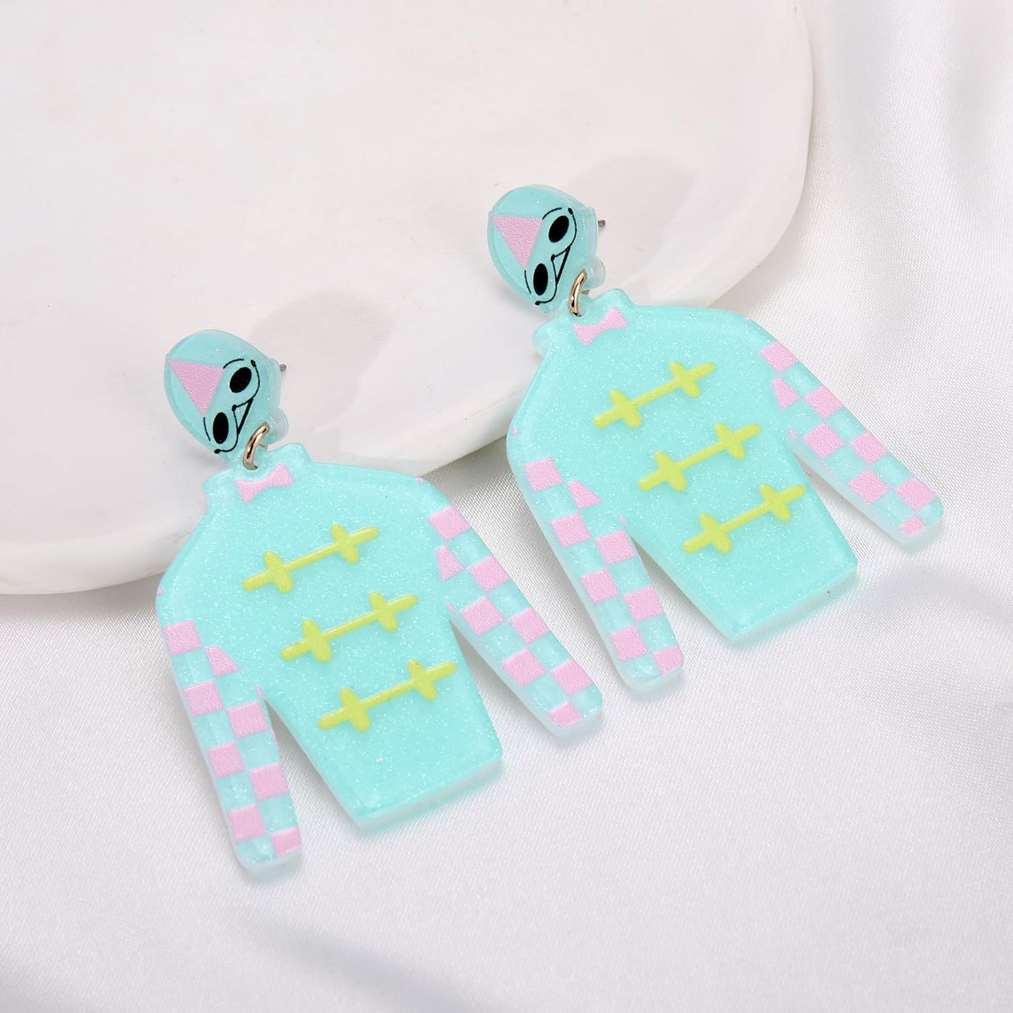 Derby Riding Suit Earrings Crystal Glitter Derby Earrings Derby Race Horse Suit Drop Dangle Earrings for Women (B Light Blue)
