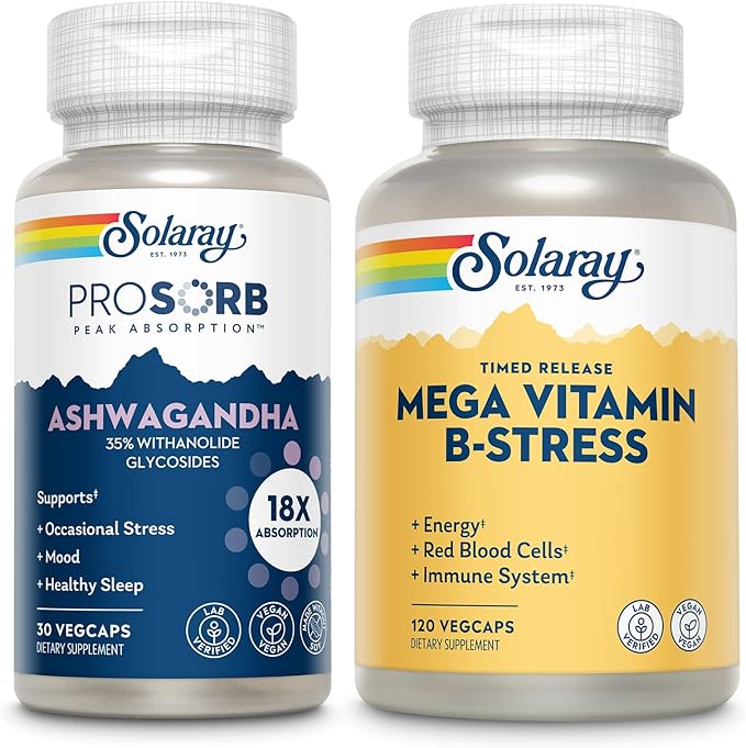SOLARAY ProSorb Ashwagandha 18X Absorption and Mega Vitamin B Stress - Ashwagandha Supplement and Vitamin B Complex Bundle - Occasional Stress, Mood, Energy and Immune Support - Vegan, 30/40 Servings