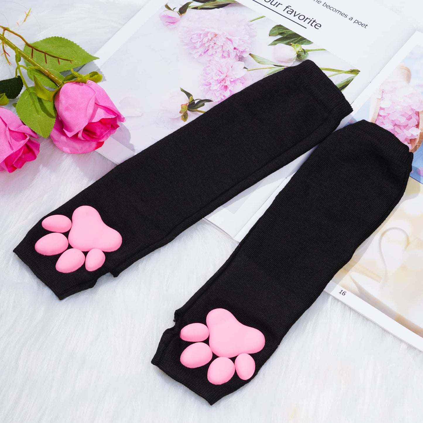 Nydotd Cat Paw Pad Mittens Gloves Kawaii Pink 3D Claw Fingerless Cute Cat Cosplay Gloves Sleeve for Girls Halloween Party (Black, Long)