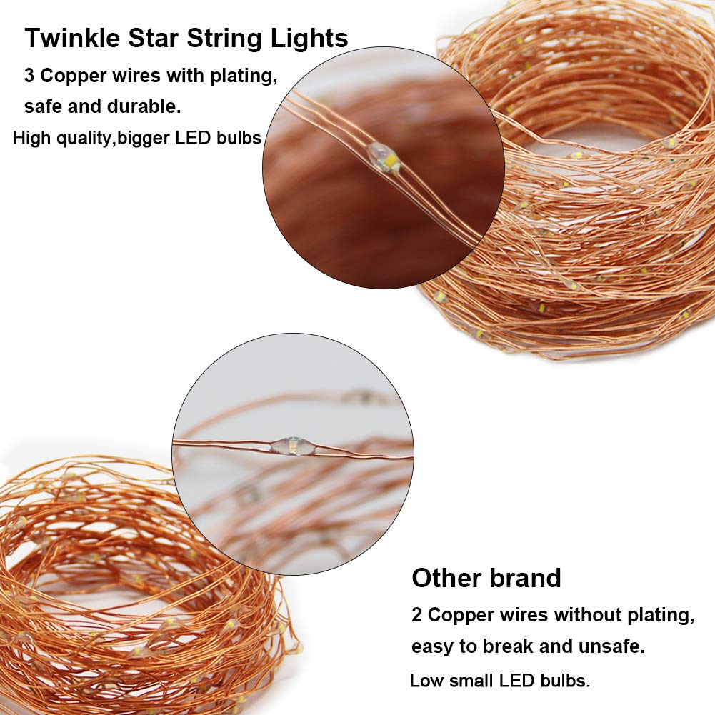 Twinkle Star Copper Fairy String Lights, 200 LED, 66 FT, USB Powered, 8 Modes, Warm White, Model ES-LCL-10M
