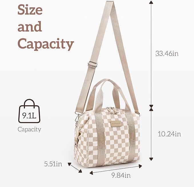 Lunch Bag Women Insulated Lunch Box,Cute Lunch bags,Reusable Large Capacity Leakproof Cooler Bag with Adjustable Shoulder Strap for Men Adult Work Office Picnic Travel Checkered Brown