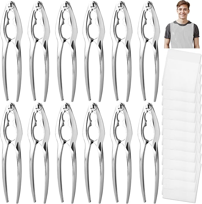 12Pack Crab Crackers and Tools Crab Legs Cracker Tool Set, Lobster Crackers, Heavy Duty Seafood Cracker, Nut Cracker (with 12 Plastic Bibs)