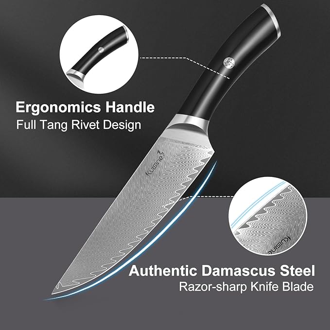 KUISINE Premium Damascus Chef Knife Non-slip Handle Razor sharp Blade Luxuy Gift for Holidays(Silver Pro, 8inch)