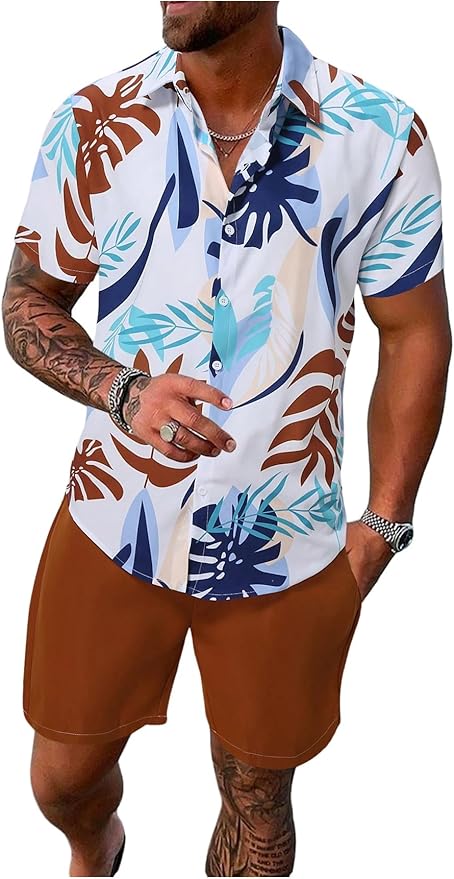 SOLY HUX Men's 2 Piece Beach Vacation Outfit Tropical Print Button Down Shirt and Drawstring Shorts Set