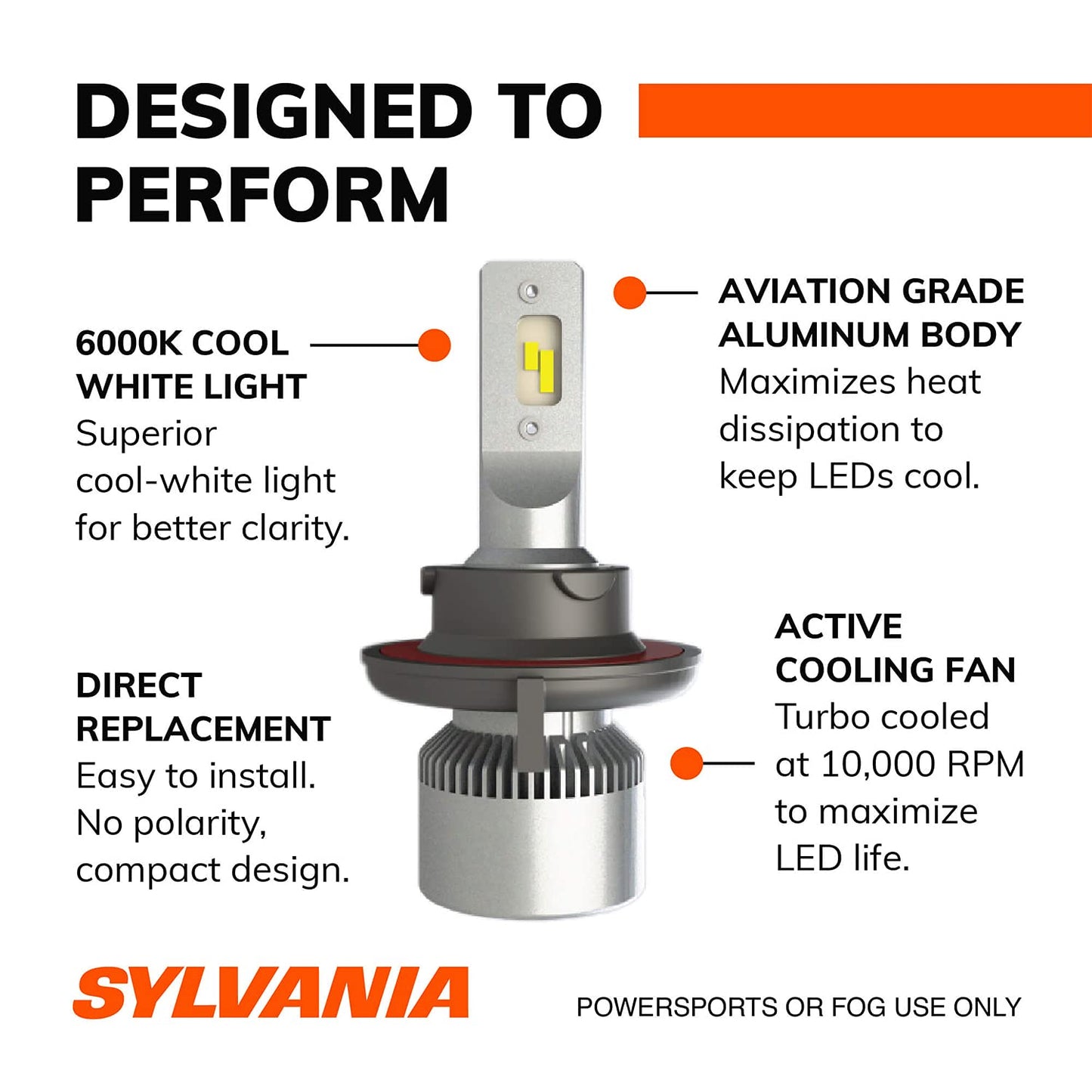 Sylvania H13 9008 Led Headlight Bulbs - 6000K Cool White Light, Aluminum, 2 Pack For Off-Road Use Or Fog Lights