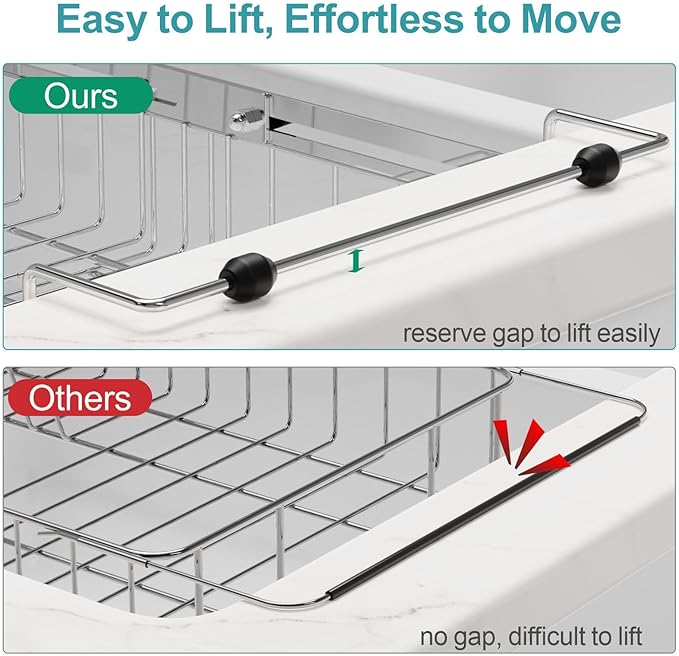 GSlife Stainless Steel Dish Drying Rack - Capacity Expandable in Sink Dish Drainer with Silicone Mat, Over Sink Dish Rack with Utensil Holder for Kitchen Counter, 10.8"-17.9" L x 12.8" W, Silver