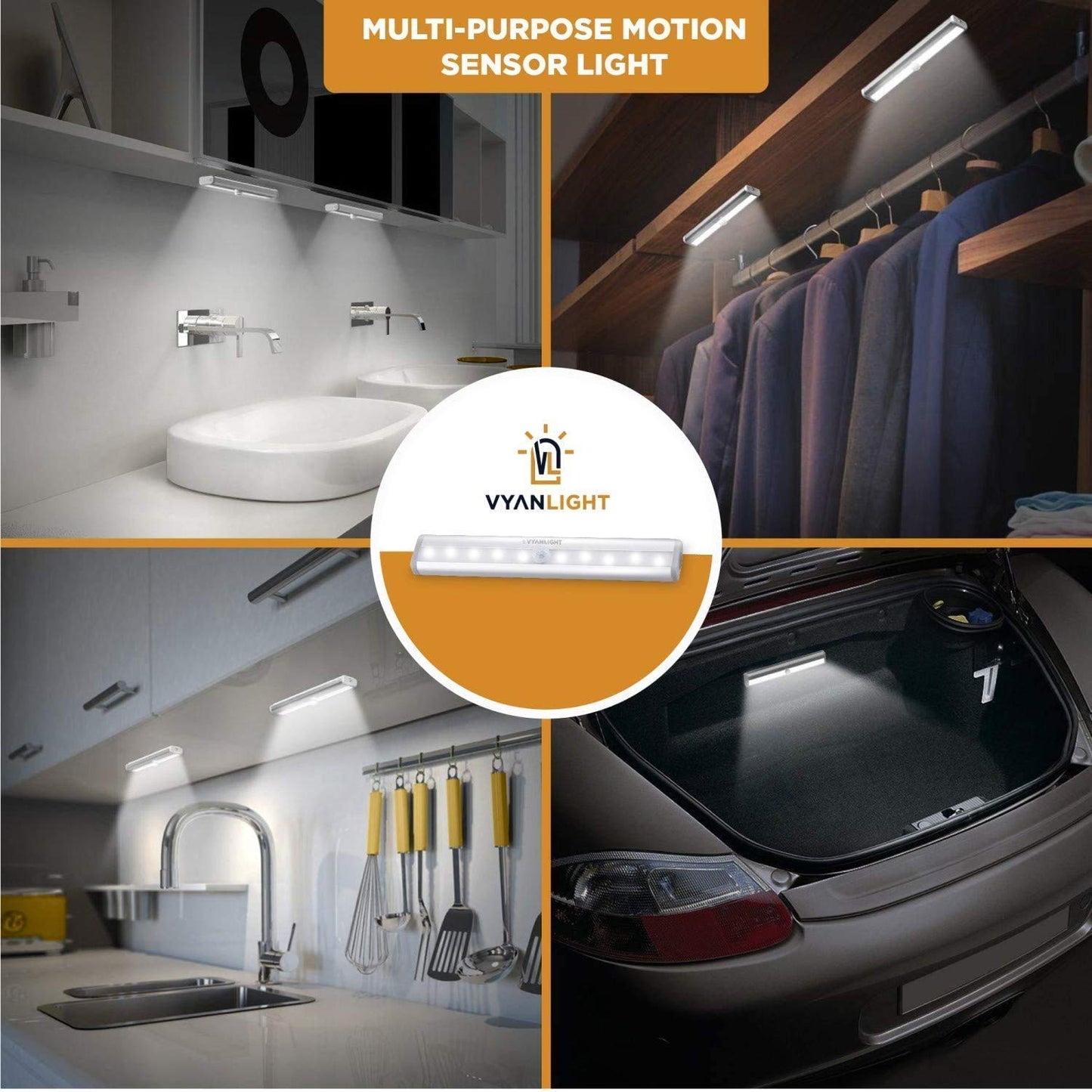 VYANLIGHT Motion Sensor LED Lights, 10 LED Battery Operated, Aluminum, 3 Pack, White, Model VL309