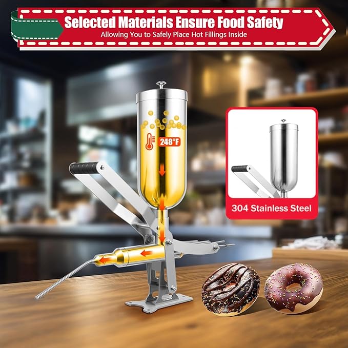 5L Donut Machine, Churro Jam Filling Machine, 304 Stainless Steel 5.28qt 248°F Brushing Mirror Treatment Surface Latin Fruit Manual Donut Filler W/4 Anti-Drip Filling Nozzles For Bakeries