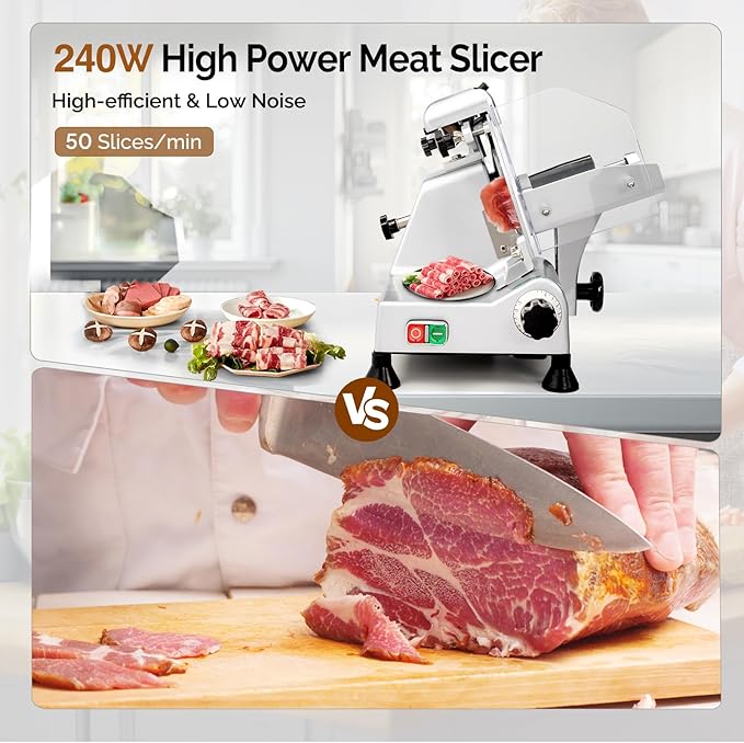 ROVSUN 10 inch Commercial Meat Slicer, 240W Electric Meat Slicer Machine, Frozen Meat Deli Cheese Food Slicer with Adjustable Thickness(0-13mm), Upgraded Carbon Steel Blade for Home and Commercial