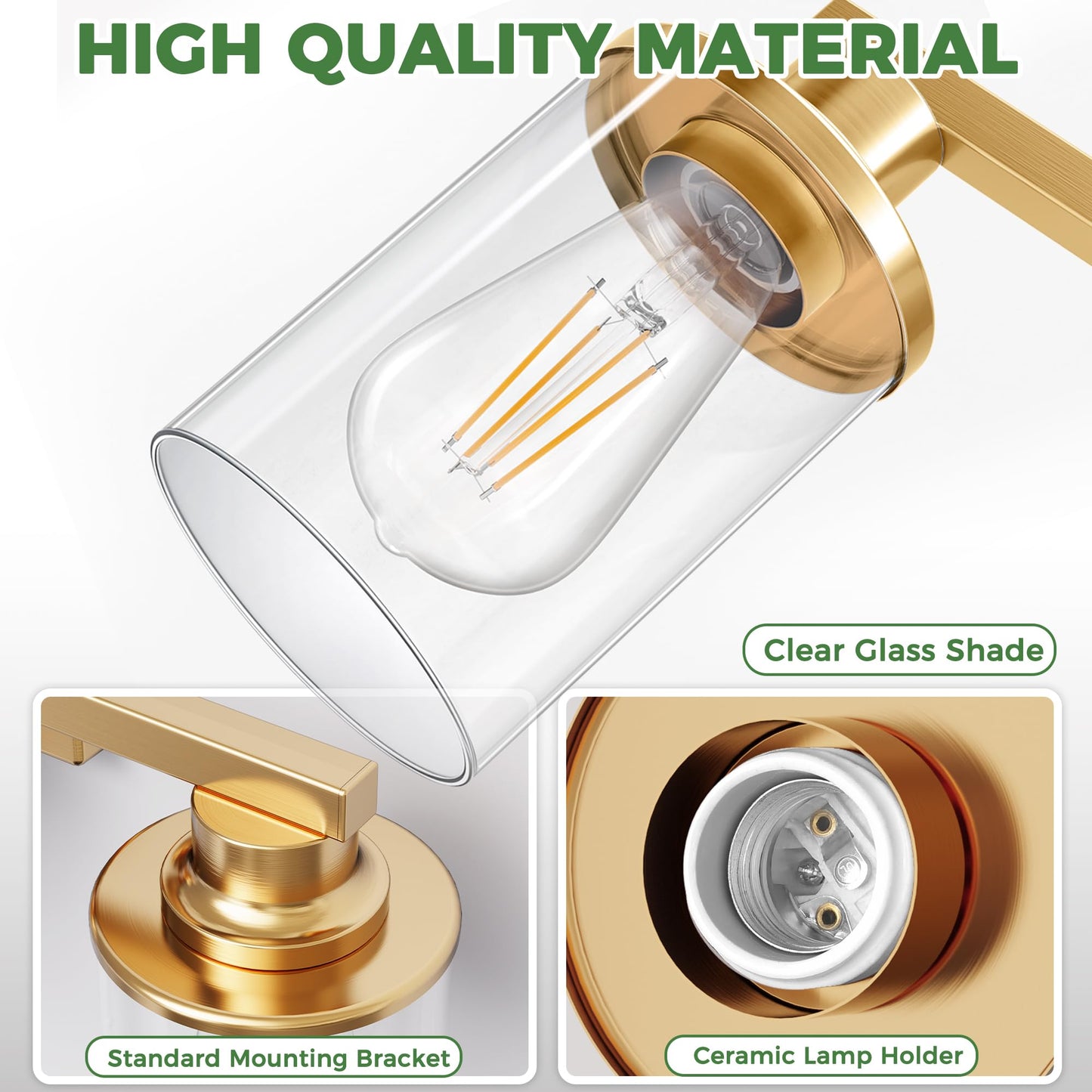 Doresshop 17 Inch Bathroom Light Fixtures  3-Light Brushed Gold Bathroom Lighting Fixtures Over Mirror With Clear Glass Shade  Vanity Lights For Living Room Bedroom