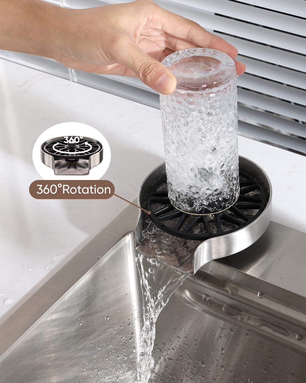Glass Rinser for Kitchen Sink, Brushed Nickel Stainless Steel Universal Sink Bottle Washer Sink Cup Washer for Baby Bottle