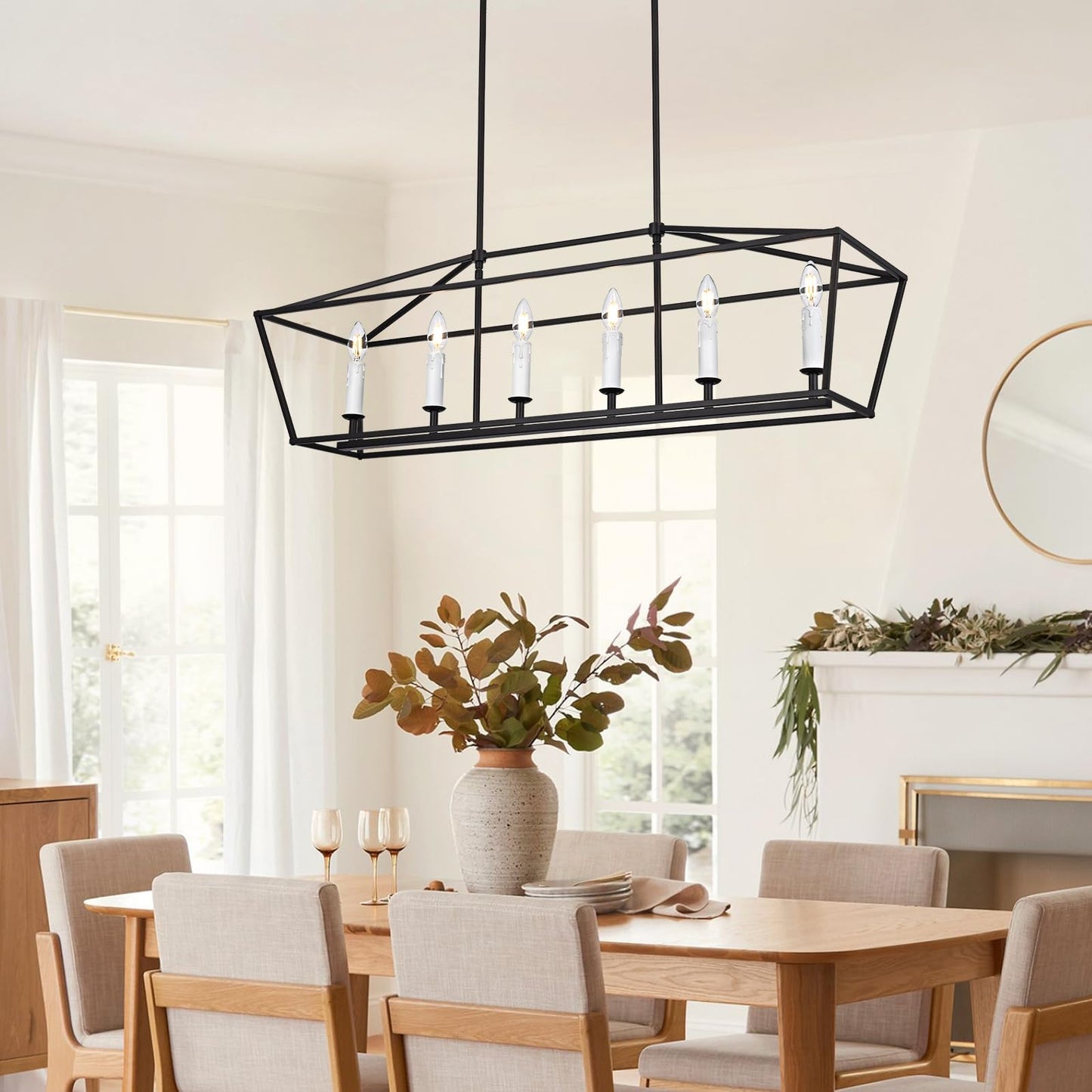 Winshen 6-Light Black Island Lighting  Industrial Pendant Light Fixtures Candle-Style For Kitchen Dining Room Living Room  E12 Bulb Base